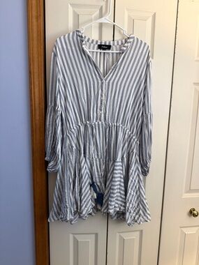 AKIRA Light Blue & White Striped Tiered Button Tunic